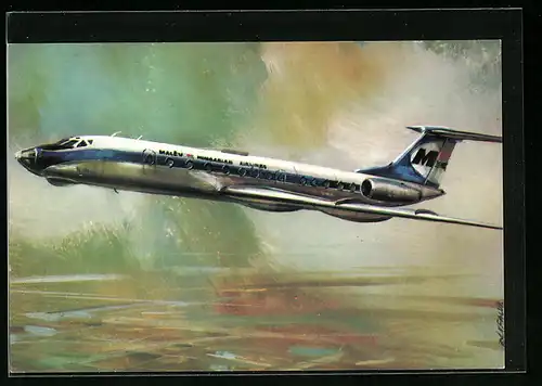 Künstler-AK Malev Magyar Tupoljev TU-134