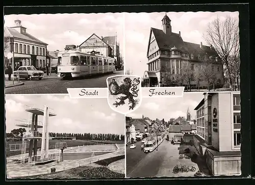 AK Frechen, Hauptstrasse mit Strassenbahn, Rathaus, Schwimmstadion