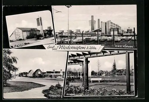 AK Niederaussem b. Köln, R. W. E. Kraftwerk, Grünanlagen, evg. Kirche