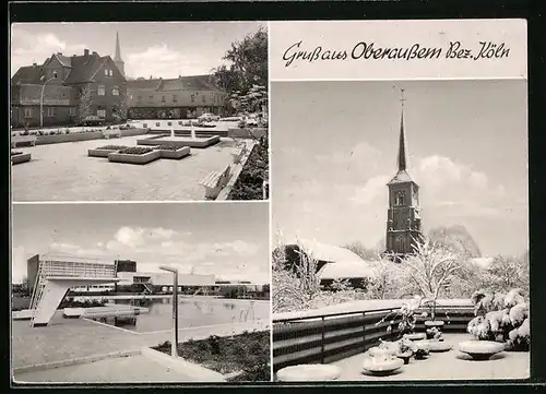 AK Oberaussem /Bez. Köln, Ortspartie mit Kirche im Winter, Ortsansicht mit Grünanlage, Schwimmbad