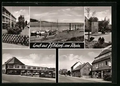 AK Hitdorf am Rhein, Partie am Fluss mit Booten, Ortsansicht