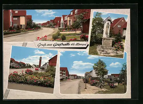AK Grefrath üb. Horren, Strassenpartie mit Wohnhäusern, Strassenpartie mit Kirche