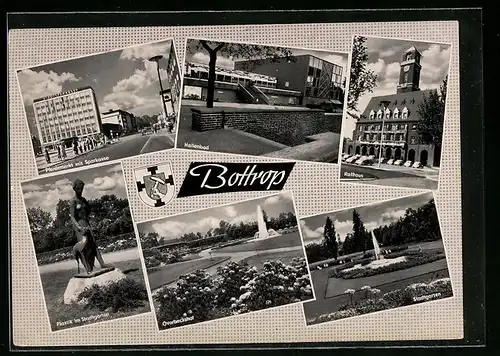 AK Bottrop, Pferdemarkt mit Sparkasse, Hallenbad, Rathaus