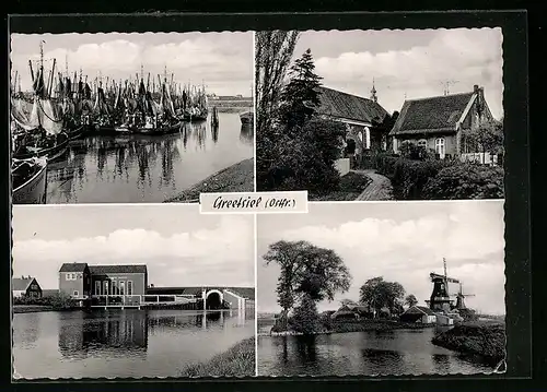 AK Greetsiel /Ostrfr., Partie am Fluss mit Booten, Teilansicht mit Windmühlen