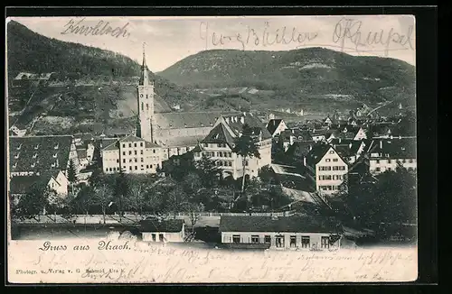 AK Urach, Totalansicht mit Kirche und Gebirge