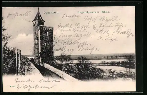 AK Oppenheim, Rupprechtsturm m. Rhein