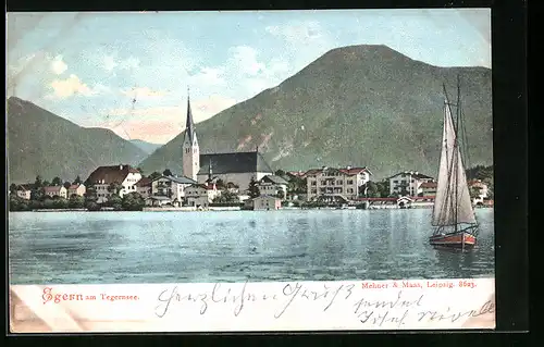 AK Egern, Tegernsee mit Segelboot, Ortspartie mit Kirche