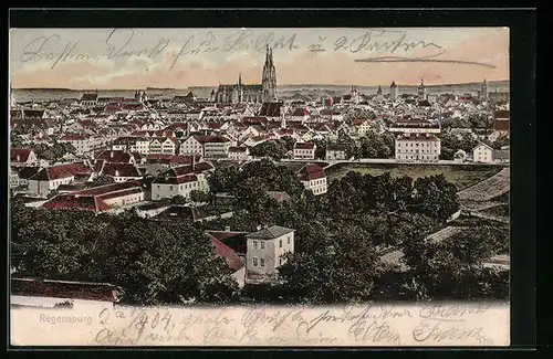 AK Regensburg, Panorama der Stadt mit Kirche