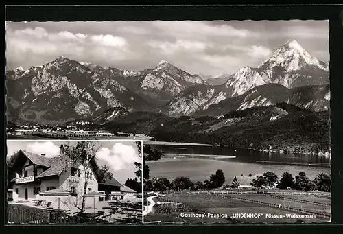 AK Füssen-Weissensee, Gasthaus, Lindenhof` am See in Berglandschaft