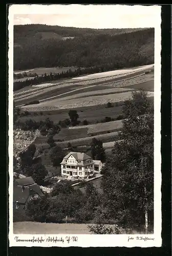 AK Döschnitz bei Schwarzburg, Pension Haus Sonnenau im Sorbitztal aus der Vogelschau