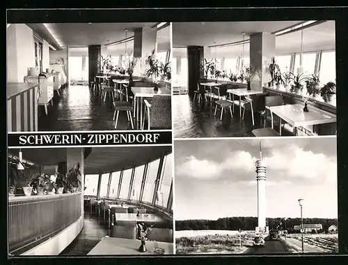 AK Schwerin-Zippendorf, Fernsehturm, Aussenansicht, Innenansichten Restaurant