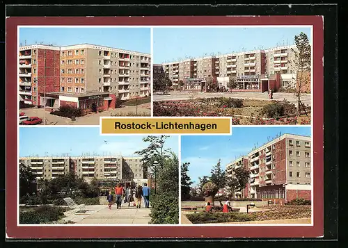 AK Rostock-Lichtenhagen, Wohnbauten mit Gaststätte Weidenkrug und Heimwerker-Geschäft
