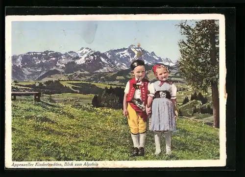 AK Appenzeller Kindertrachten, Blick zum Alpstein