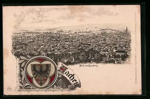 Lithographie Aachen, Gesamtblick vom Lousberg und Stadtwappen