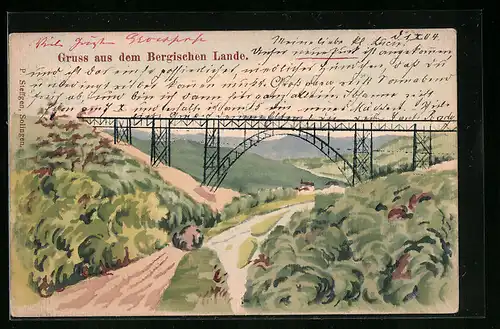 Lithographie Müngsten, Umland mit Bahnbrücke