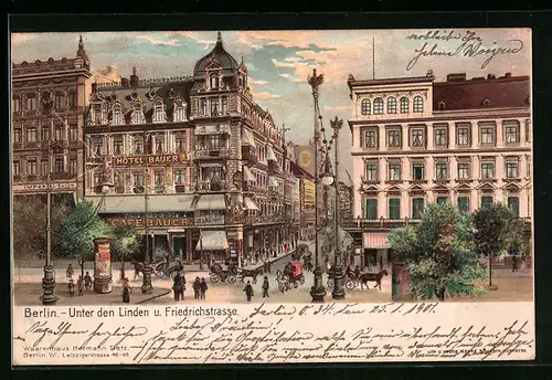Lithographie Berlin, Cafe Bauer Unter den Linden u. Friedrichstrasse