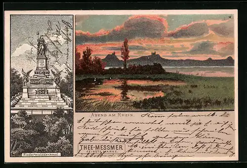 Lithographie Rüdesheim, Niederwalddenkmal und Abend am Rhein mit Reklame für Messmer-Tee