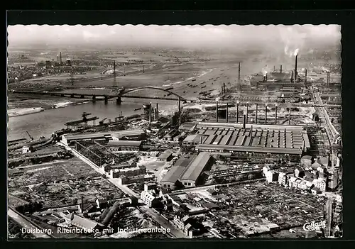 AK Duisburg, Rheinbrücke mit Indurstieanlage