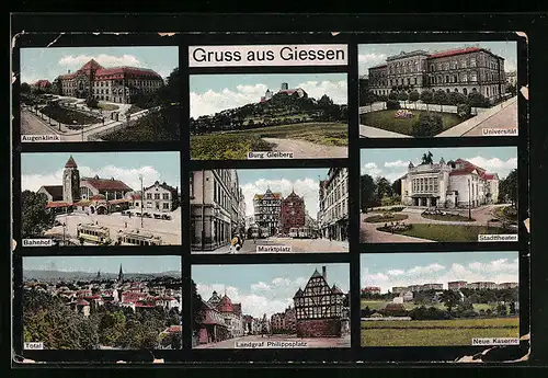 AK Giessen, Marktplatz, Bahnhof, Stadttheater, neue Kaserne