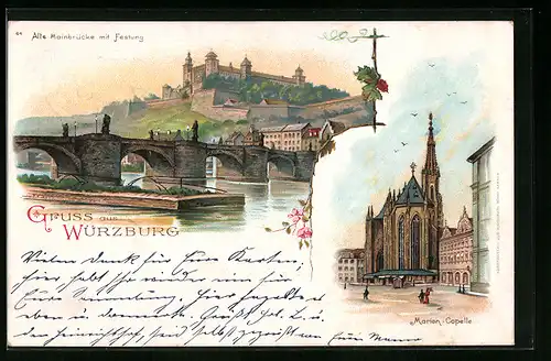 Lithographie Würzburg, Mainbrücke mit Festung, Marien-Capelle, Neujahrsgruss