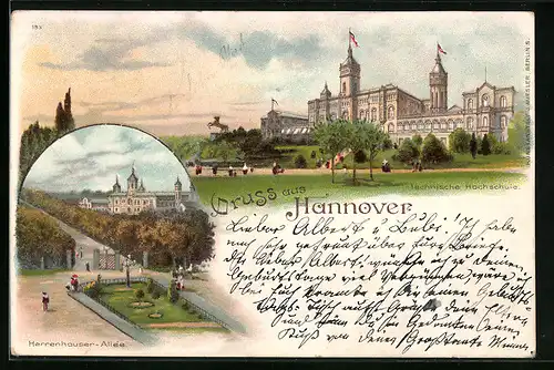 Lithographie Hannover, Technische Hochschule und Herrenhauser-Allee - Neujahrsgruss