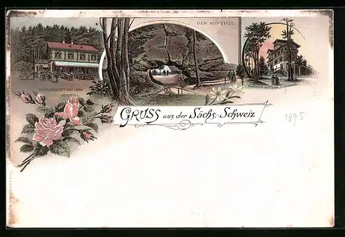 Lithographie Sächs.-Schweiz, Restauration auf dem Kuhstall, Kuhstall, Gasthaus auf d. gr. Winterberg