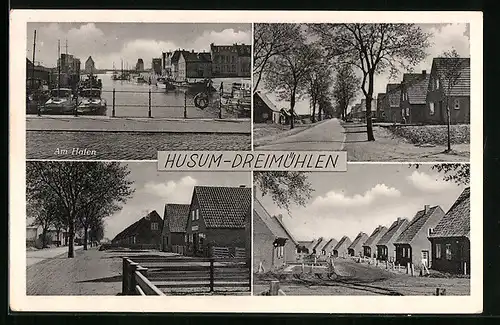 AK Husum-Dreimühlen, am Hafen, Ortspartie mit Wohnhäusern