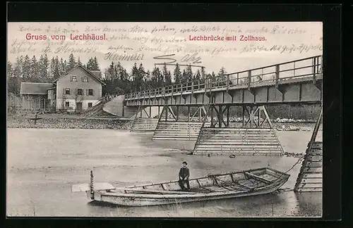 AK Lechfeld, Lechbrücke mit Zollhaus