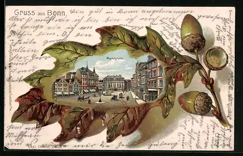 Passepartout-Lithographie Bonn, Ansicht vom Marktplatz, Eichenblatt