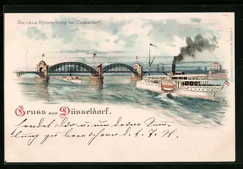 Lithographie Düsseldorf, neue Rheinbrücke mit Dampfer