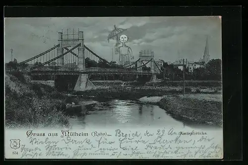 Mondschein-AK Mülheim /Ruhr, Ortspartie mit Kettenbrücke