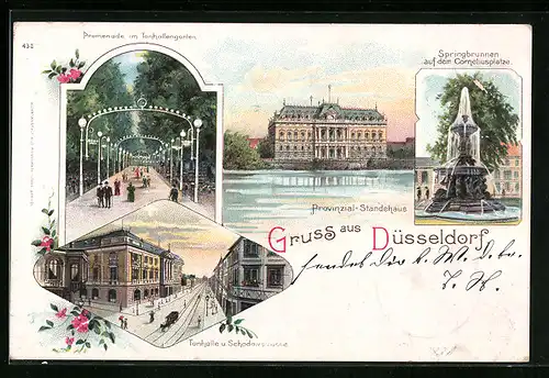 Lithographie Düsseldorf, Promenade im Tonhallengarten, Tonhalle u. Schadowstrasse, Springbrunnen auf dem Corneliusplatze