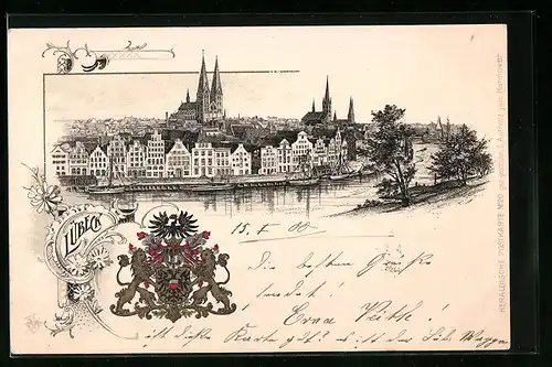 Lithographie Lübeck, Teilansicht vom Wasser aus, Wappen