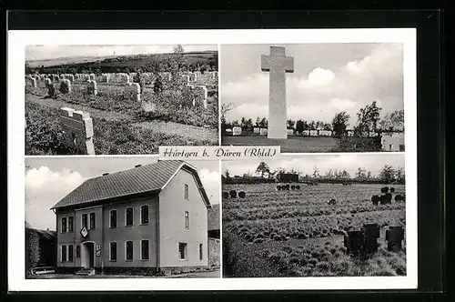 AK Hürtgen b. Düren /Rhld, Gasthof und Fremdenpension Alfred Bergsch, Friedhof, Denkmal