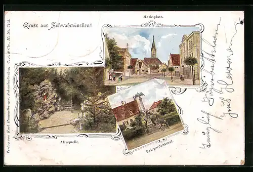 AK Schwabmünchen, Marktplatz, Afraquelle, Kriegerdenkmal