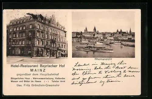 AK Mainz, Rheinansicht, Hotel-Restaurant Bayrischer Hof