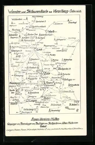 AK Zürs, Wander- und Skitourenkarte aus Vorarlberg mit Alpen-Vereins-Hütten