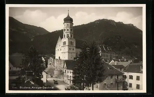 AK Bludenz, Ortspartie mit Kriegerdenkmal