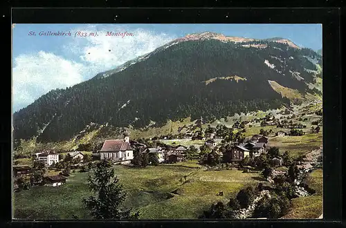 AK St. Gallenkirch im Montafon, Gesamtansicht mit bewaldeter Berglandschaft