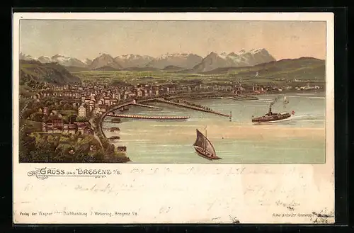 Lithographie Bregenz, Gesamtansicht mit Hafen und Dampfern