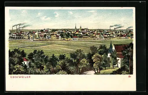 Lithographie Eschweiler, Blick über Felder auf die Stadt