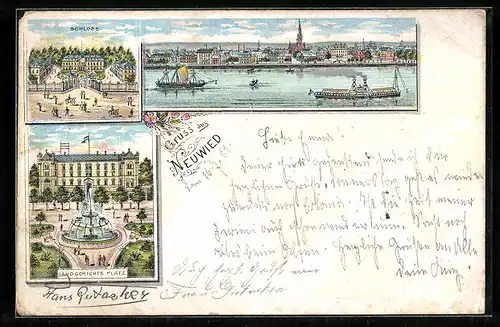 Lithographie Neuwied, Landgerichtsplatz, Schloss, Dampfer