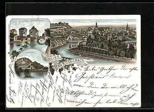 Lithographie Bad Kreuznach, Ebernburg, Brückenhäuser, Panorama
