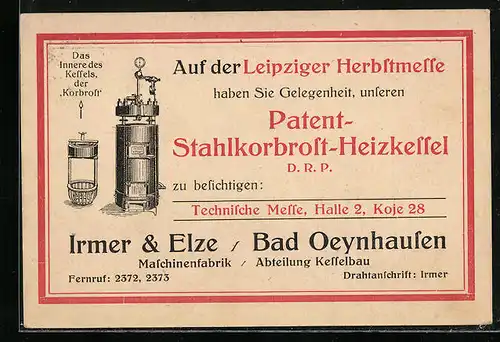 AK Bad Oeynhausen, Maschinenfabrik Irmer & Elze, Reklame für Kessel