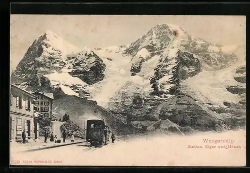 AK Wengernalp, Bergbahn-Station, Eiger und Mönch