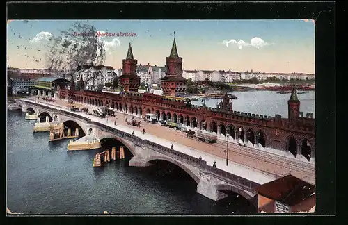 AK Berlin-Friedrichshain, Oberbaumbrücke mit U-Bahnhof aus der Vogelschau