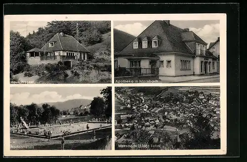 AK Morsbach /Sieg, Totalansicht, Haus Wessel, Badeanstalt und Apotheke