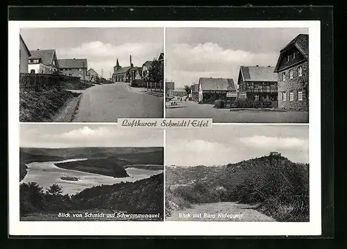 AK Schmidt /Eifel, Strassenpartie mit Häusern, Blick auf Burg Nideggen