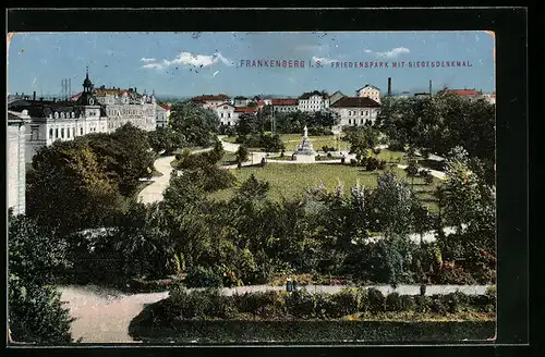 AK Frankenberg i.S., Friedenspark mit Siegesdenkmal aus der Vogelschau