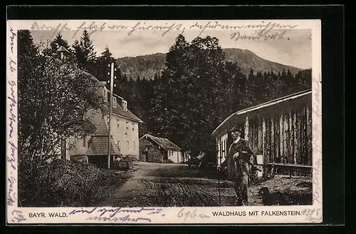 AK Waldhaus /Bayrischer Wald, Strasse mit Jäger und Falkenstein im Hintergrund